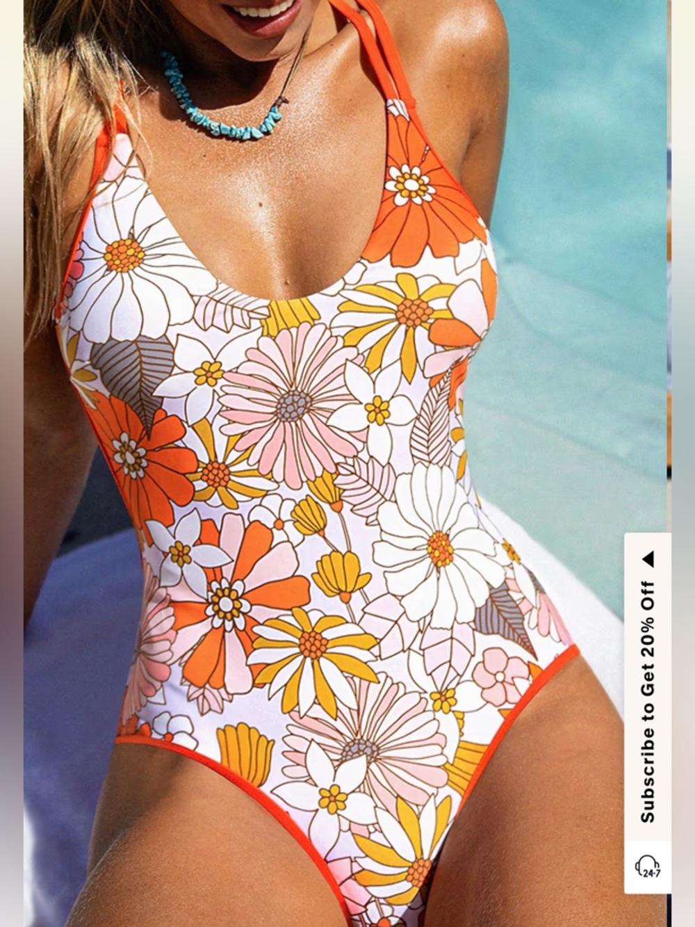 Retro Floral Scoop Neck One-Piece Swimsuit - Orange & Pink